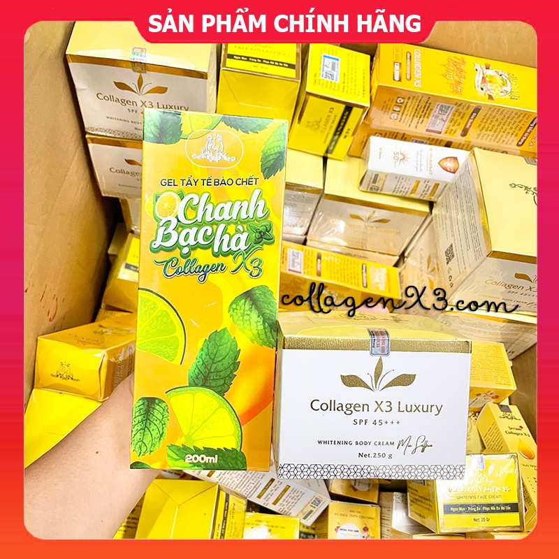 Kem Body Collagen X3 Luxury và Gel Tẩy Tế Bào Chanh Bạc Hà Colagen X3 chính hãng Mỹ Phẩm Đông Anh