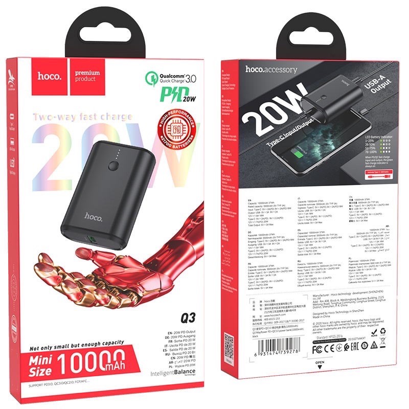 ✔FREESHIP✔Sạc Dự Phòng Mini Siêu Tốc 20W Hoco Q3 New 10000mAh-2 Cổng Sạc Nhanh PD+QC3.0 cho IPhone 11 Promax/12 Promax