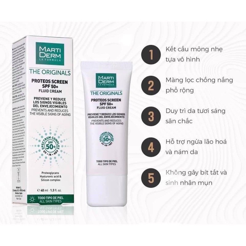 Kem Chống Nắng Marti Derm The Originals Proteos Screen SPF50+ Fluid Cream 40ml