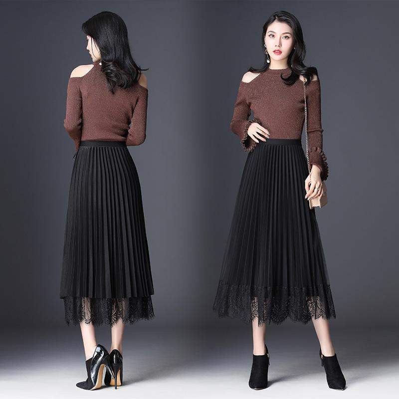 Chân váy BH lưng cao dáng dài xếp ly phối ren xinh xắn cho nữ