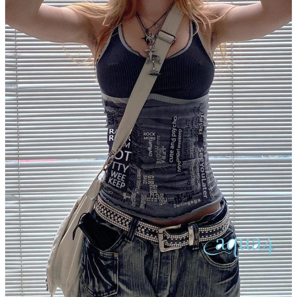 Áo Croptop Hai Dây Dáng Ôm Hở Lưng In Họa Tiết Thời Trang Harajuku Grunge E-Y2K Dành Cho Bạn Nữ
