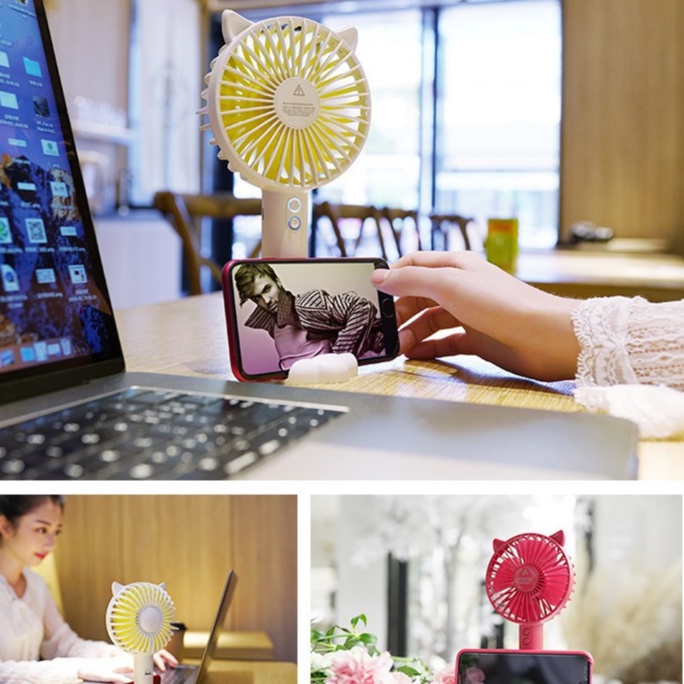 Quạt tai mèo cầm tay mini dễ thương 3 tốc độ gió cao cấp có đèn kiêm giá đỡ điện thoại