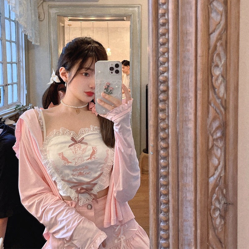 Áo hai dây phối ren đính nơ phong cách công chúa ngọt ngào thời trang mùa hè hàng mới dành cho bạn nữ 2021