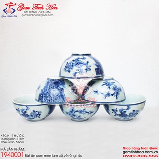 Bộ 10 Bát ăn cơm men lam cổ vẽ rồng hóa Gốm sứ Bát Tràng