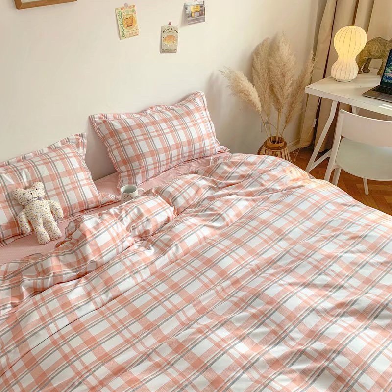 ☀Bộ Chăn Ga Gối⚡Cotton mịn poly kẻ hồng nhẹ nhàng nữ tính tông màu ấm áp tặng kèm vỏ gối ôm cùng bộ