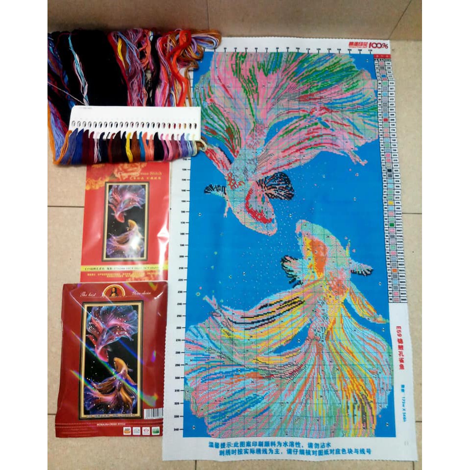 Tranh Đôi Cá Phú Quý: tranh đính đá LV598- Tranh thêu E59, LV3556 (50x90cm ) - Tranh chưa làm, chưa khung