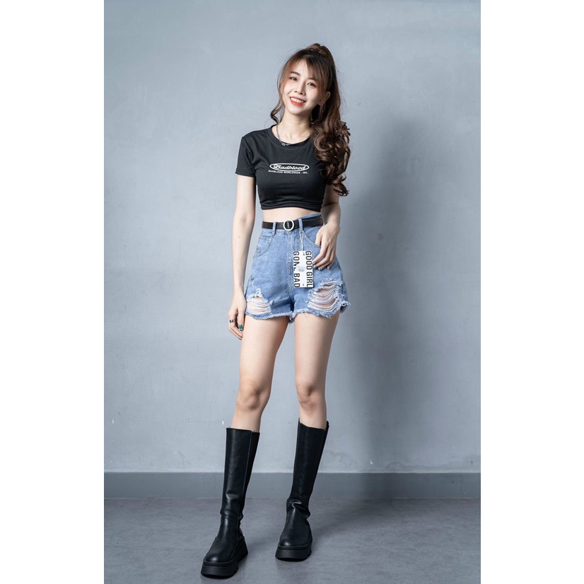 Quần short jean nữ lưng cao rách gối, chất jean denim không co giãn mịn đẹp William - AT211