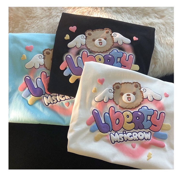 Áo Thun Ngắn Tay Họa Tiết Gấu Hoạt Hình Xinh Xắn