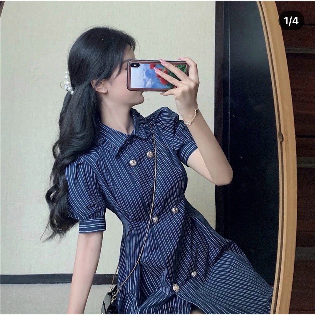 🆕Cập bến mẫu đầm sọc navy midi siêu cưng 🌸🌸🌸