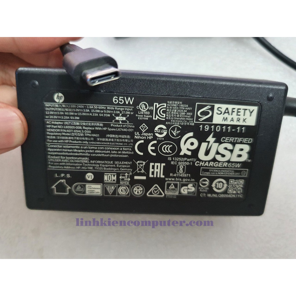 Adapter sạc laptop HP 65w type C (20v - 3.25A) dùng cho laptop HP EliteBook, Elite x3, x2 1012 G1