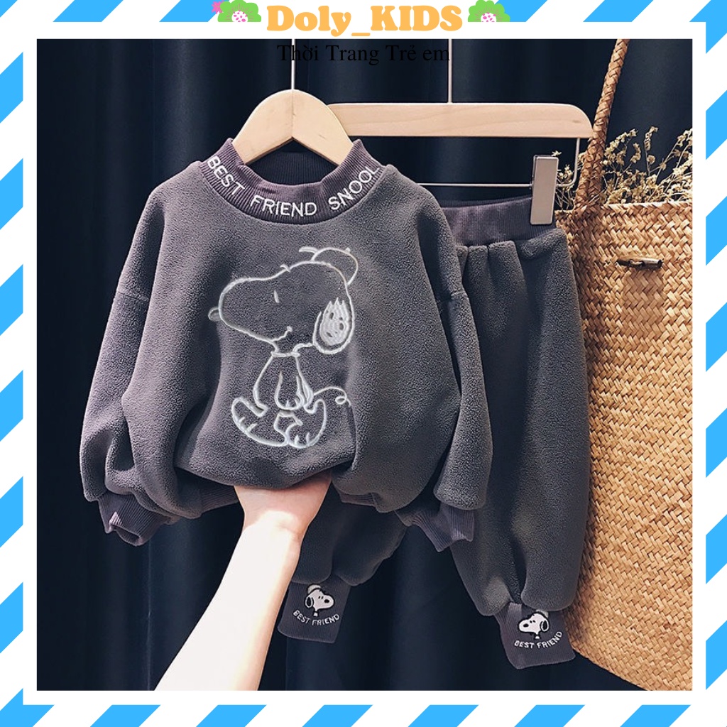 Bộ nỉ cho bé trai Doly-kids, Bộ thu đông bé trai bé gái thêu hình chú chó chất nỉ bông cực ấm từ 7- 28kg NC881
