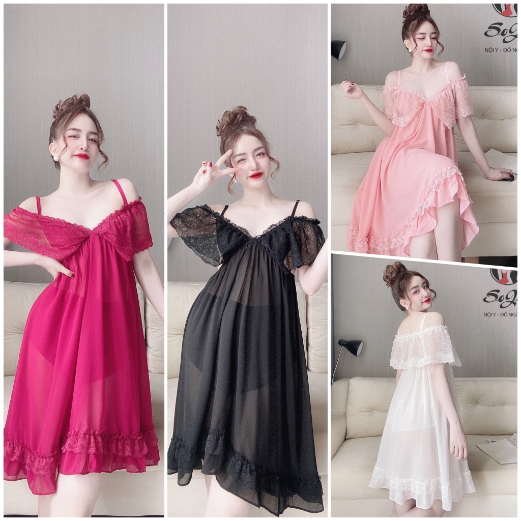 Váy Ngủ Nữ SOJUN Vải Chiffon Bẹt Vai Kèm Quần Dưới 70Kg