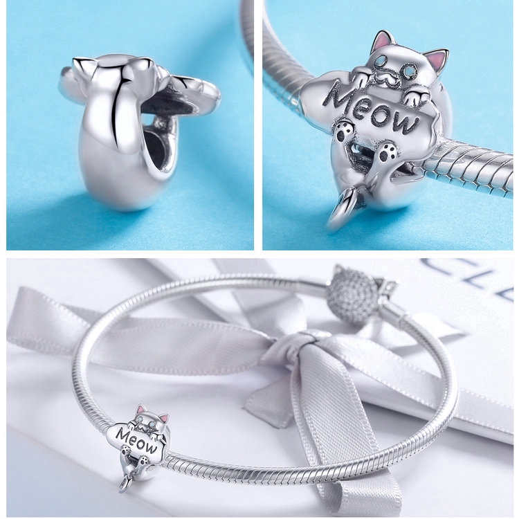 BAMOER Hạt Charm Bạc 925 Hình Mèo Dùng Làm Trang Sức DIY