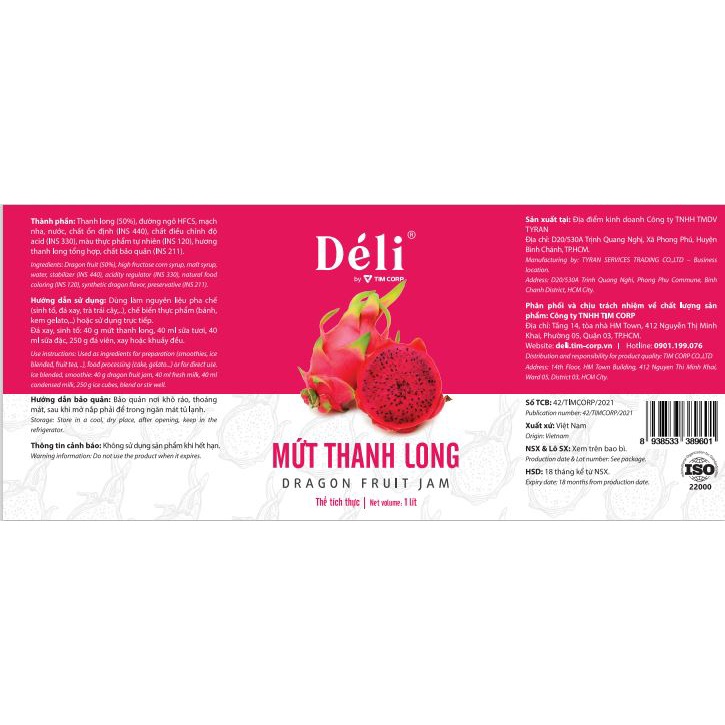 Mứt Thanh Long Déli chai 1L [CHUYÊN SỈ] HSD:18 tháng, nguyên liệu pha chế trà trái cây, soda, smoothie hoặc ăn trực tiếp