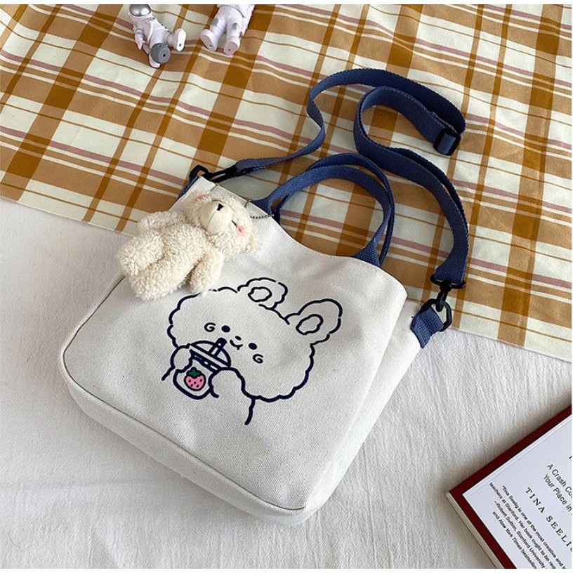 ❤️BÁN LỖ XIN ĐÁNH GIÁ❤️ Túi ToTe Vải Canvas Đeo Chéo Cầm Tay In Hình Gấu Dễ Thương DC0001