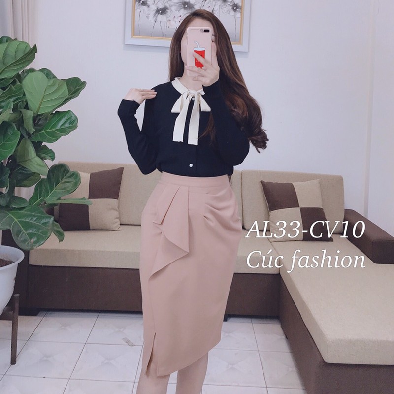 Chân váy CÚC FASHION dáng ngắn cạp cao công sở đẹp màu đen be váy lót quần lụa chữ A 2 tà cong CV907