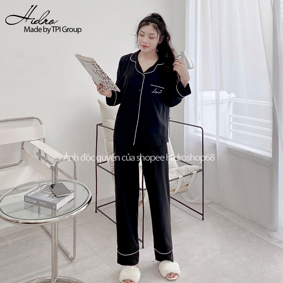 Bộ Pijama Lụa Dài Tay Cao Cấp Thêu Chữ Love Chất Mềm Mịn Không Nhăn Hàng Thiết Kế
