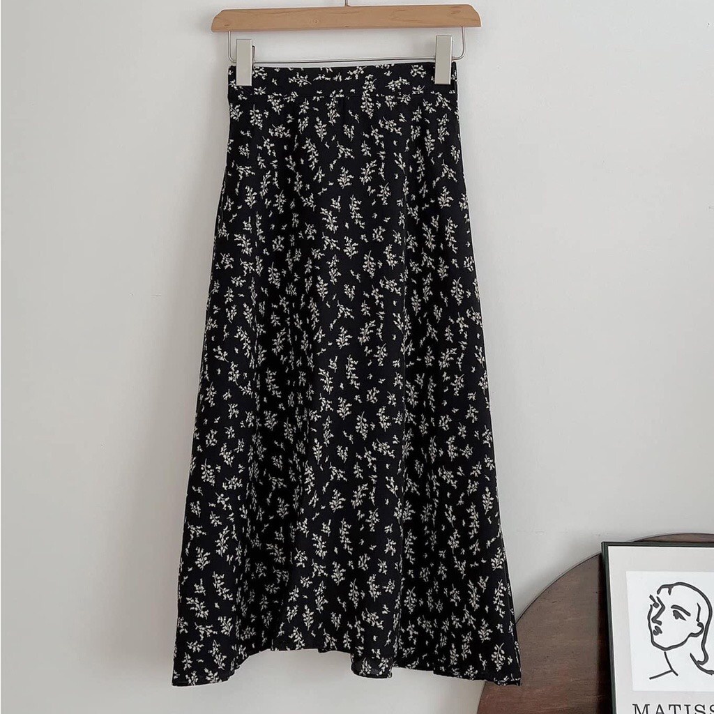 Chân váy hoa nhí vintage hàn quốc, váy hoa nhí dáng dài đen trắng vải voan 2 lớp siêu xinh