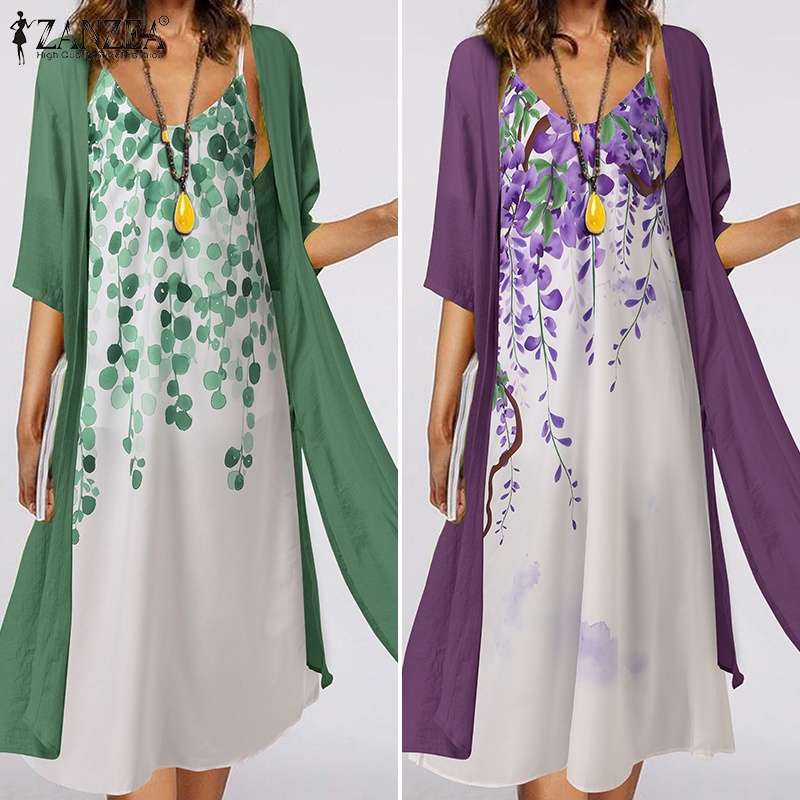 Set đầm hai dây và áo khoác cardigan ZANZEA màu trơn thời trang dành cho nữ