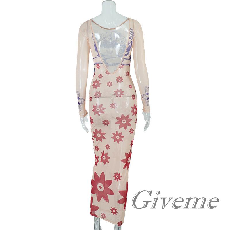 Đầm Dự Tiệc Tay Dài Cổ Thuyền Phối Lưới Xuyên Thấu In Họa Tiết Hoa Thời Trang Quyến Rũ Cho Nữ