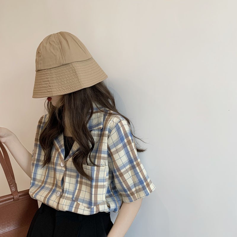 Áo sơ mi nữ kẻ caro cổ vest phối túi ngực form rộng style Ulzzang | BigBuy360 - bigbuy360.vn