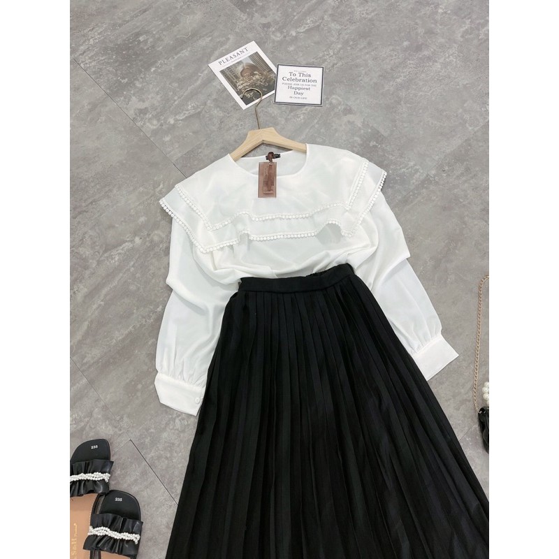 Sét áo sơmi bèo pha ren mix chân váy dập ly dài. Chất lụa đũi bao mềm đẹp. | BigBuy360 - bigbuy360.vn