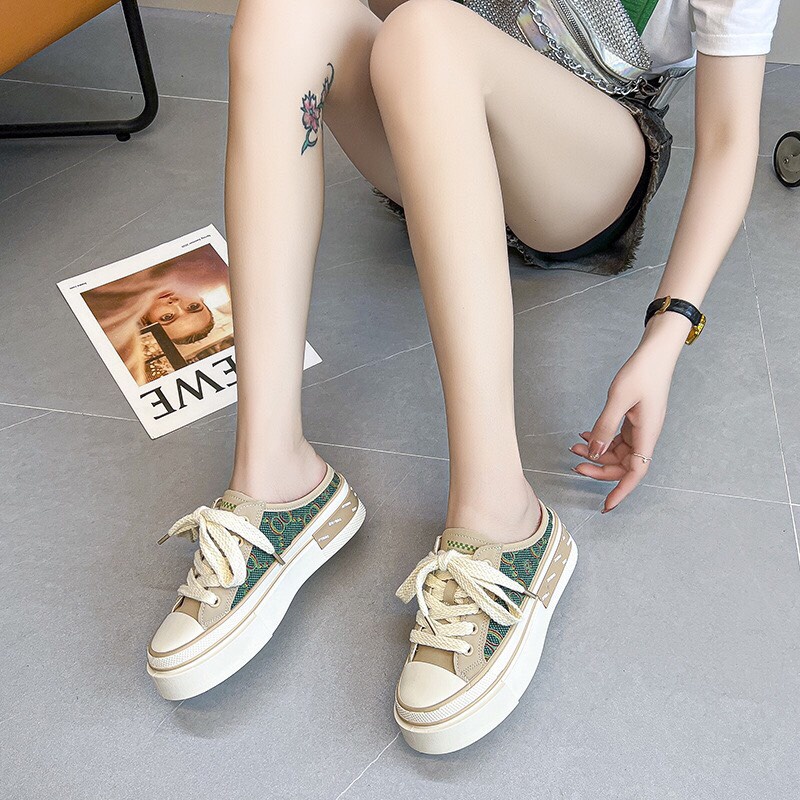 Giày sục nữ vải sườn đan thêu sác nét dây bản to lụa mềm