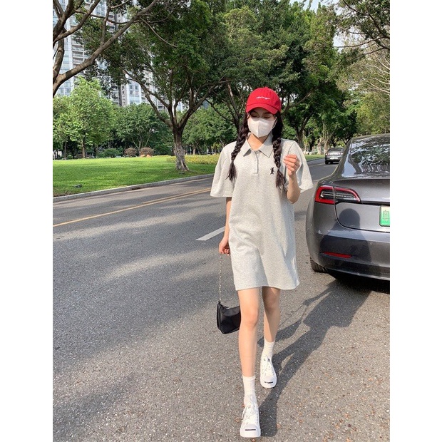 Váy Thun Polo Thêu Thỏ PEONYB Nữ [FREESHIP]  Đầm dáng suông cổ bẻ tay lỡ kiểu dáng học sinh cá tính hàn quốc Ulzzang