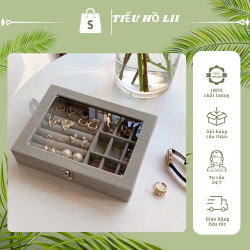 Hộp đựng trang sức 1 tầng bọc nhung có kính nhựa mika trong suốt nhỏ gọn tiện ích hợp thời trang