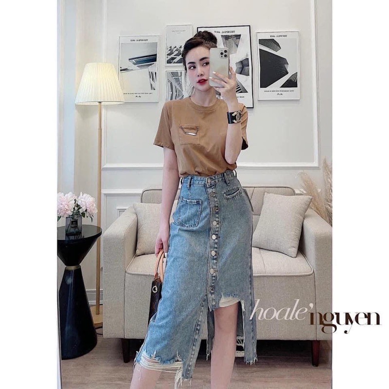 Chân váy jeans dáng dài 2 túi dây nâu