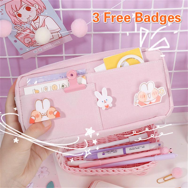 School Supplies kawaii Large Capacity Pencil Case Storage Canvas Pencil Bag Cute Makeup Bag for Girl Kids Gift w/ Badge