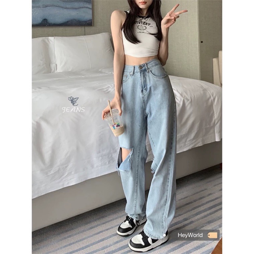 「MOTEL7」Quần Jeans Dài Ống Rộng Lưng Cao Thời Trang Dành Cho Nữ