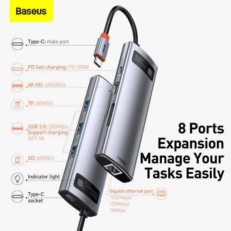 Cổng chuyển đổi Baseus Metal Gleam Hub Type C 8-IN-1 hỗ trợ mở rộng 4K HD + 3 * USB3.0 + SD + TF + RJ45 + PD