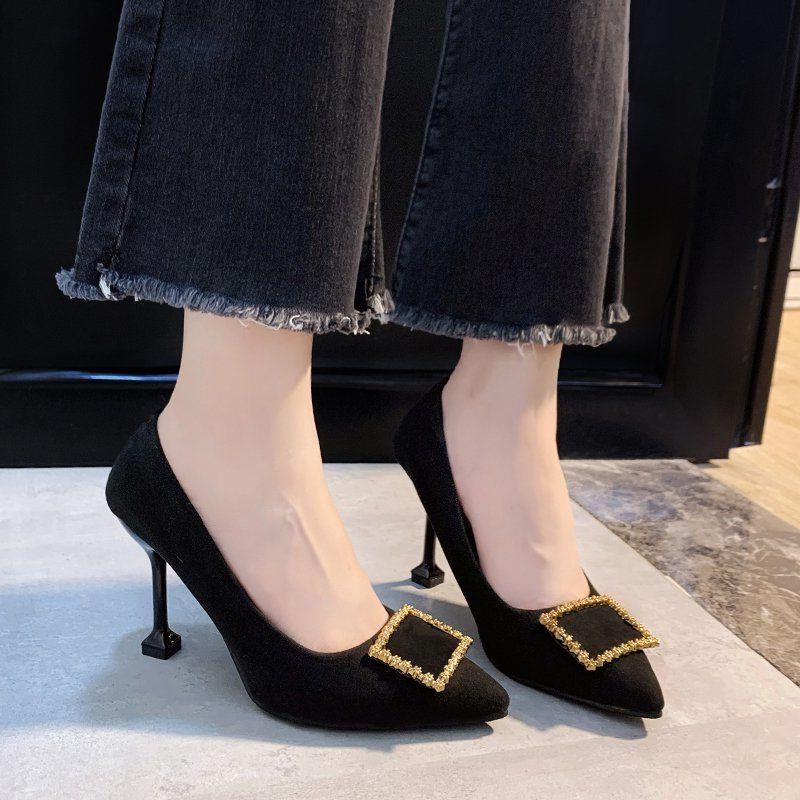 High Heels Female Pointed Toe 2020 Autumn New Korean Style Buckle Black Work Shoes Shallow Mouth Stiletto Professional S