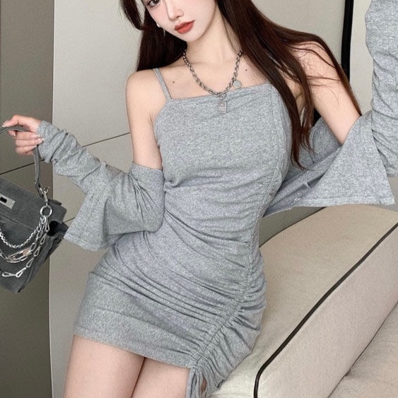 Set Áo Khoác Cardigan Và Đầm Hai Dây Rút Dây Phong Cách Mới Gợi Cảm Cho Nữ