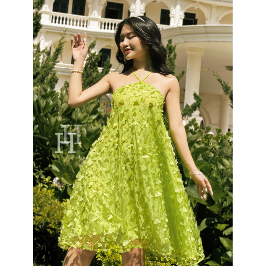 Váy babydoll yếm hở lưng màu xanh neon HDT280 Hỉn Hỉn Store