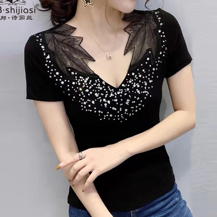 (Q001) Áo pull ngắn phối lưới họa tiết lá cây đính đá thời trang đẹp mắt cực kỳ sang chảnh tinh tế xinh xắn thời thượng