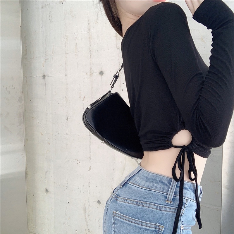 Áo thun tay dài dáng ngắn thiết kế khoét quyến rũ thời trang dành cho nữ