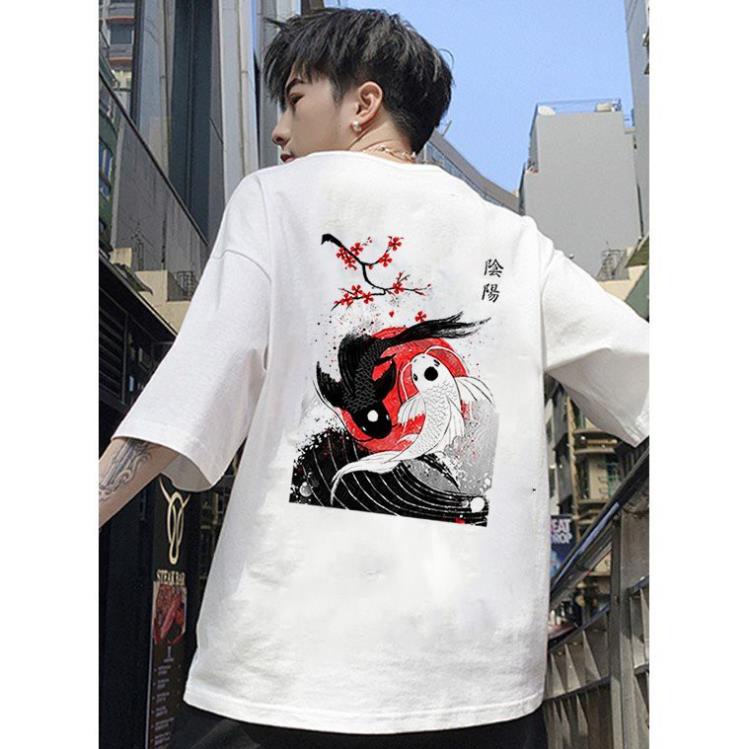 Áo thun unisex form rộng họa tiết cá chép phong cách Nhật Bản vải dày mịn 2020T2472