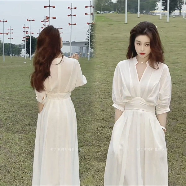 Đầm trắng đầm dài váy đi biển đầm dài đầm dự tiệc cưới đầm vintage đầm bigsize nữ đầm đi tiệc váy tiểu thư sang chảnh váy nữ xinh váy cổ v