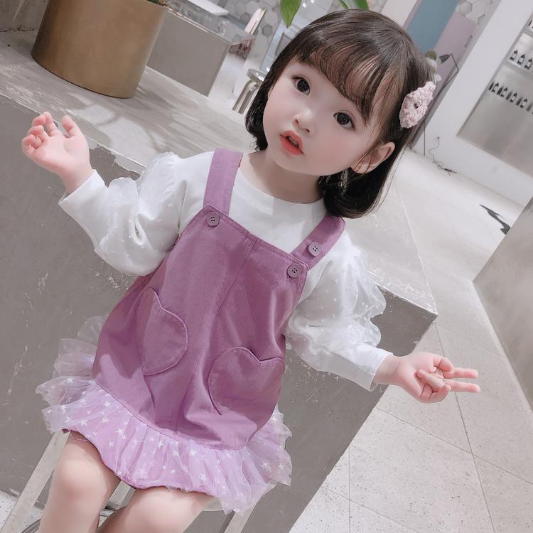 Bộ Áo Thun Màu Trơn + Chân Váy Lưới Thời Trang Mùa Thu 2020 Phong Cách Hàn Quốc Dễ Thương Dành Cho Bé Gái 0-3 Tuổi