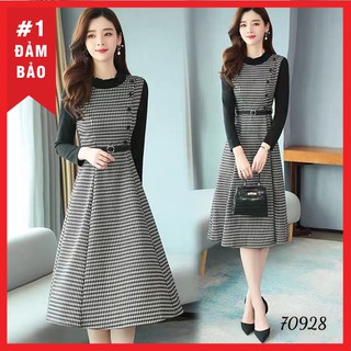Đầm caro phối màu sang trọng, tặng kèm dây lưng đủ size 30 đến 72kg - 70928