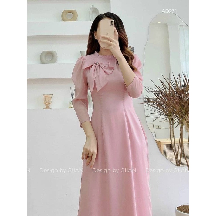 Áo Dài Voan Tơ Óng Tay Bống Đính Nơ-Áo Dài Cà Ri