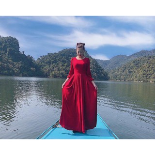 Set đầm đỏ dài+ cột tóc nơ
