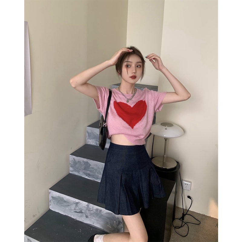 Áo thun dệt kim XIAOZHAINV tay ngắn cổ tròn in hình trái tim phong cách Hàn Quốc thời trang cho nữ