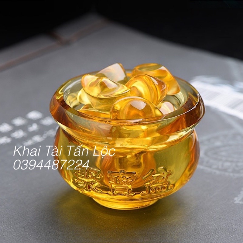 Bộ hũ vàng - bát tụ bảo lưu ly tí hon 5cm và 12 thỏi vàng chiêu tài Lộc