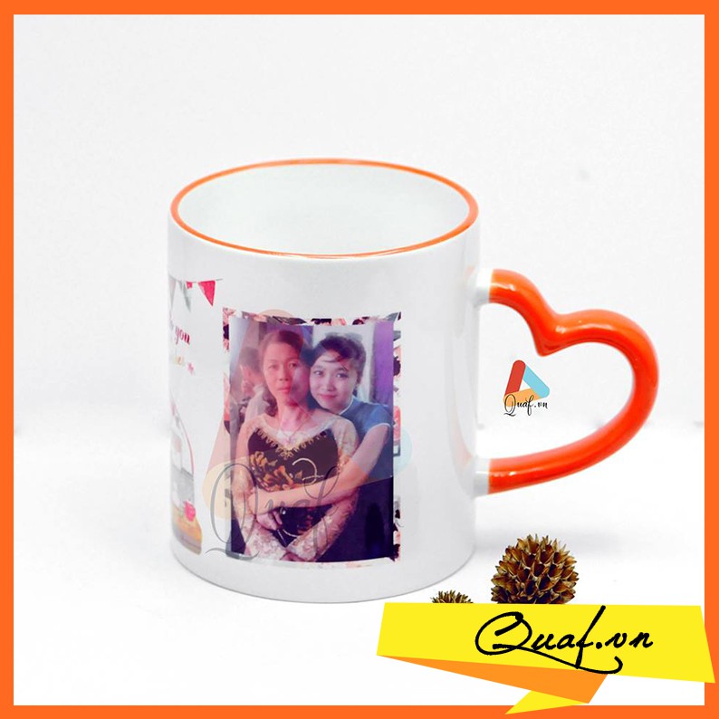 In ảnh lên cốc sứ quai tim viền màu