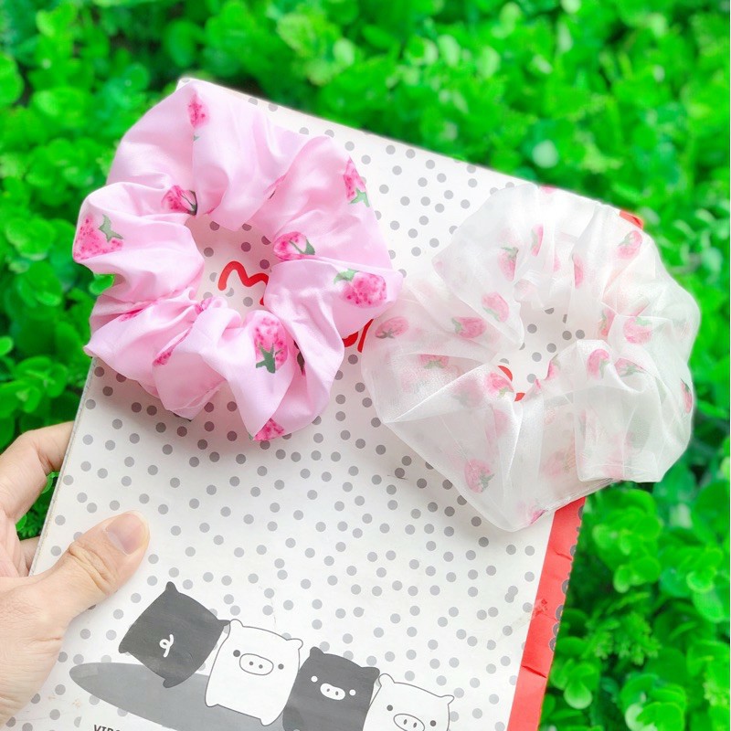 BỘ 3 DÂY BUỘC TÓC CỘT TÓC VẢI VON HỌA TIẾT TRẮNG ĐỎ CHO NỮ- MIX SẲN TONE