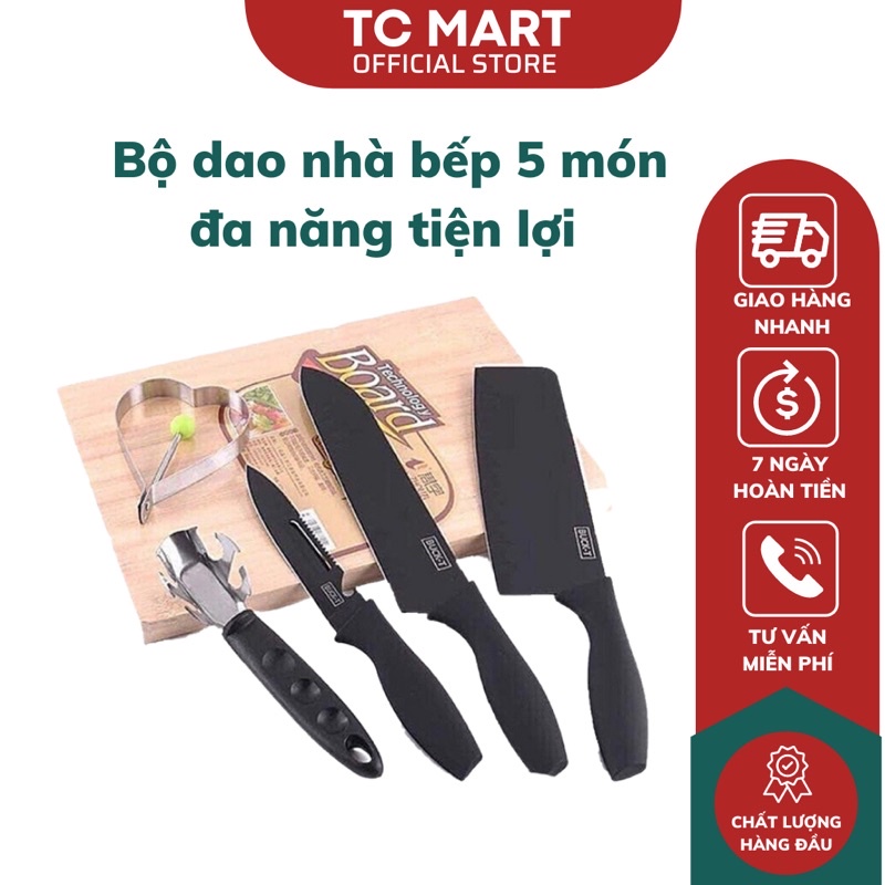Bộ Dao 5 Món Làm Bếp Đa Năng Siêu Bén Hợp Kim Thép Không Gỉ Cao Cấp , Bộ Dao T65S Màu Đen