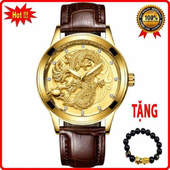 Đồng hồ nam mặt rồng ĐEN dây  hợp kim thép không gỉ Tặng vòng tay tỳ hưu